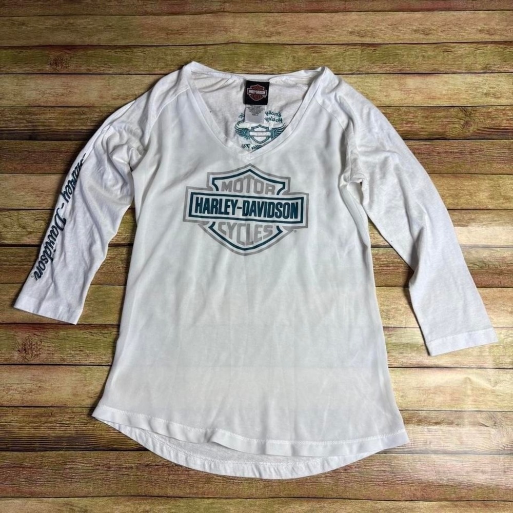 Harley Davidson white 3/4 sleeve shirt with blue accents Women's size small